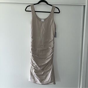 Black White Beige. Beige Ruched Gathered Midi Summer Sexy Dress XL